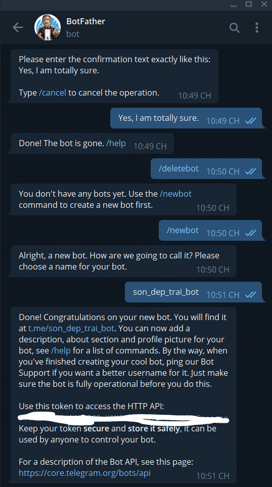 Giao diện tạo bot Telegram