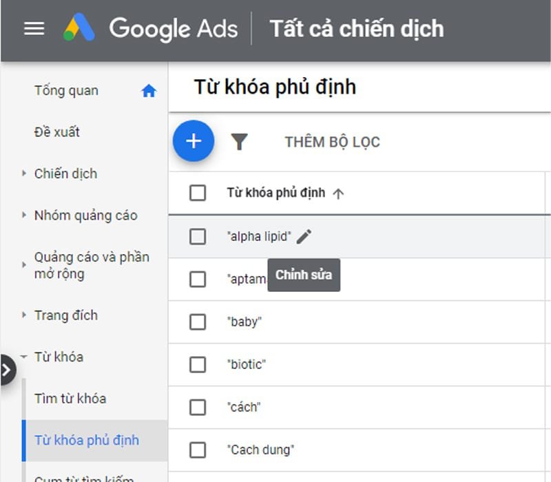 Chỉnh Sửa Từ Khóa Phủ Định Google Ads