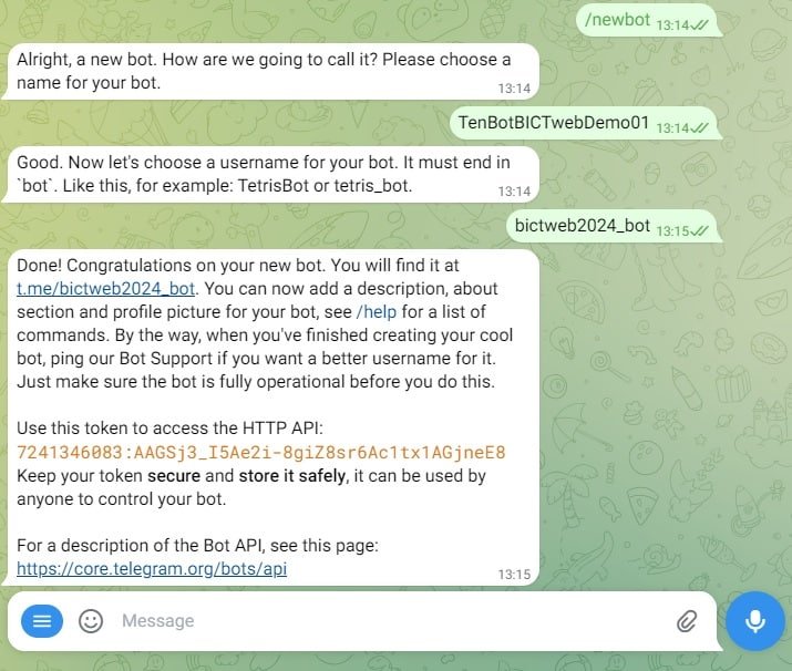 Tạo tên người dùng cho bot Telegram trong ứng dụng BotFather