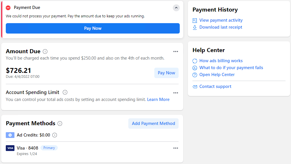 facebook ad payment failed card declined