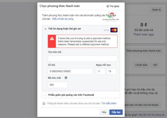 thong bao loi phuong thuc thanh toan facebook bi tu choi